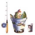 Watercolor hand drawing illustration, set of iron rustic bucket with fish, fishing rod, rusty tin can with worms Royalty Free Stock Photo