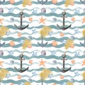 Watercolor hand drawing pattern with black anchors, marine waves, brown stains, seashells and starfishes.