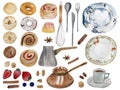 Watercolor hand-drawing set with bake, cookies, nuts, strawberres, blueberries, cinnamon, sugar, cup of coffee, plates and cultery