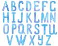 Watercolor hand drawn alphabet, blue and pink sketch font