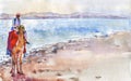 Watercolor hand drawn arabian man on camel on beach