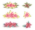 Watercolor hand drawn arrangement set of poinsettia flowers, leaves, holly berry. Xmas illustration Royalty Free Stock Photo