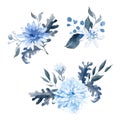 Watercolor hand drawn arrangements. Blue and black bouquet.