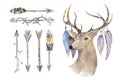 Watercolor hand drawn arrows set with deer. ethnic native american Royalty Free Stock Photo