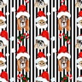 Watercolor hand drawn artistic colorful Christmas traditional vintage seamless pattern with pets in Santa hats Royalty Free Stock Photo