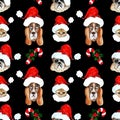 Watercolor hand drawn artistic colorful Christmas traditional vintage seamless pattern with pets in Santa hats Royalty Free Stock Photo