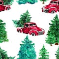 Watercolor hand drawn artistic colorful retro vintage car  with Christmas  tree in forest seamless pattern Royalty Free Stock Photo