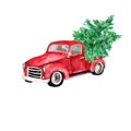 Watercolor hand drawn artistic colorful retro vintage car with Christmas tree isolated on white background