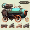 Watercolor hand drawn artistic colorful steampunk retro vintage cars sets