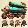 Watercolor hand drawn artistic colorful steampunk retro vintage cars sets