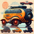 Watercolor hand drawn artistic colorful steampunk retro vintage cars sets