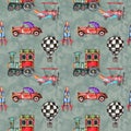 Watercolor hand drawn artistic retro steampunk vehicle vintage seamless pattern