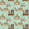 Watercolor hand drawn artistic retro steampunk vehicle vintage seamless pattern