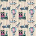 Watercolor hand drawn artistic retro steampunk vehicle vintage seamless pattern