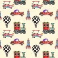 Watercolor hand drawn artistic retro steampunk vehicle vintage seamless pattern