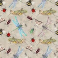 Watercolor hand drawn artistic colorful Insects collection seamless pattern