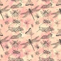 Watercolor hand drawn artistic colorful Insects  collection  seamless pattern Royalty Free Stock Photo