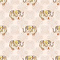 Watercolor hand drawn artistic retro Indian ornated baby elephant vintage seamless pattern Royalty Free Stock Photo