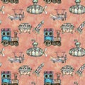 Watercolor hand drawn artistic retro steampunk vehicle vintage seamless pattern