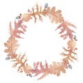 Watercolor hand drawn autumn wreath with illustration of red, brown and yellow oak and maple leaves, acorns, hawthorn Royalty Free Stock Photo