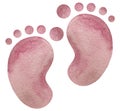 Watercolor hand drawn baby girl pink foot print isolated on white background. Its a girl illustration. Baby shower girl footprint Royalty Free Stock Photo