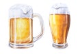 Watercolor hand drawn beer set with foam in glass mugs on a white isolated background. Light beer set. Pint of beer Royalty Free Stock Photo