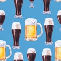 Watercolor glasses and beer mugs. Dark and light beer. Hand painted oktoberfest seamless pattern. Bavarian blue color. Pint of bee Royalty Free Stock Photo