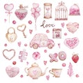 Watercolor hand drawn big set of sweet hearts