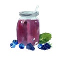 Watercolor hand drawn blackberry smoothie in glass jar. Illustration of tasty drink with berries and mint leaves. Royalty Free Stock Photo