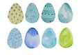 Watercolor, hand drawn blue and green Easter eggs set greeting card illustration, isolated on white.