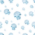 Watercolor hand-drawn blue jellyfish seamless pattern isolated on white Royalty Free Stock Photo