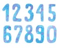 Watercolor hand drawn blue and pink numbers from one to zero