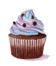 Watercolor hand drawn blue and purple cupcake isolated on white background