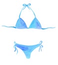 Watercolor hand drawn blue two piece swimsuit isolated on white background. Female bikini costume