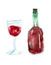 Watercolor hand drawn bottle of red wine and glass. Illustration of full bottle of home wine,