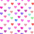 Watercolor hand drawn bright and colorful hearts seamless pattern