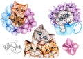 Watercolor Hand Drawn CATs SET and Flowers for print, card making, paper, textile, printing, packaging Royalty Free Stock Photo