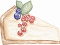 Watercolor hand drawn Cheesecake slice with berries illustration, sweet pie clipart