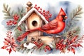 Watercolor hand drawn Christmas composition with red Cardinal bird, wooden bird house, fir cone and branches, red berries and snow