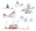 Watercolor hand drawn Christmas compositions. Winter foggy landscapes, scandinavian village scene set. Snow, red houses Royalty Free Stock Photo