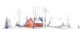 Watercolor hand drawn Christmas compositions. Winter foggy landscapes, scandinavian village scene. Snow, red houses Royalty Free Stock Photo