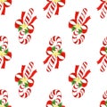 Watercolor hand drawn christmas cute pattern. seamless background with candy canes,bows,golden stars and holly leaves