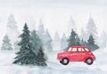 Watercolor hand drawn christmas illustration with red car in winter forest on a snowy day Royalty Free Stock Photo