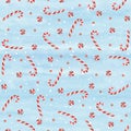 Watercolor hand drawn Christmas seamless pattern with candy canes, stick candy on icy-blue background