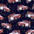 Watercolor hand drawn Christmas seamless pattern with red Santa car and golden stars on black background Royalty Free Stock Photo