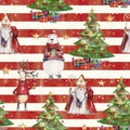Watercolor Hand Drawn Christmas Seamless Pattern With Saint Nicholas, Holiday Deer, Colorful Bear And Christmas Tree With Presents