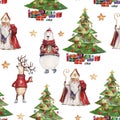 Watercolor Hand Drawn Christmas Seamless Pattern With Saint Nicholas, Holiday Deer, Colorful Bear And Christmas Tree With Presents