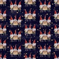 Watercolor hand drawn Christmas seamless pattern with singing Christmas Carol dwarfs on black background