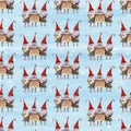 Watercolor hand drawn Christmas seamless pattern with singing Christmas Carol dwarfs on icy-blue background