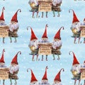 Watercolor hand drawn Christmas seamless pattern with singing Christmas Carol dwarfs on icy-blue background